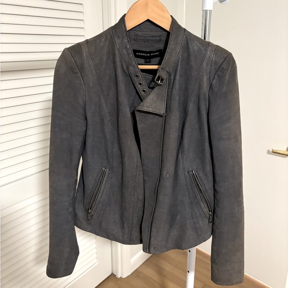 Andrew Marc Luxury textured midnight blue moto leather jacket